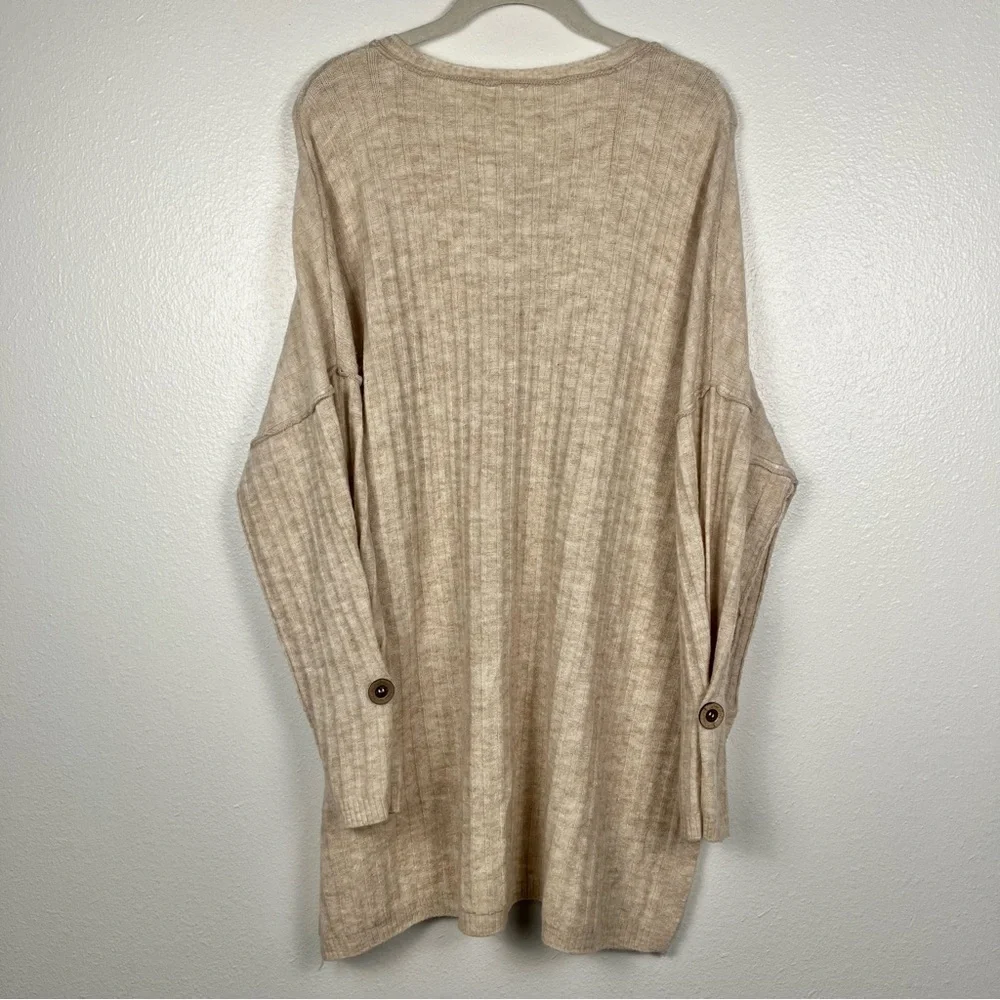Free People Medium Around The Clock Oversized Henley Tunic Sweater Beige